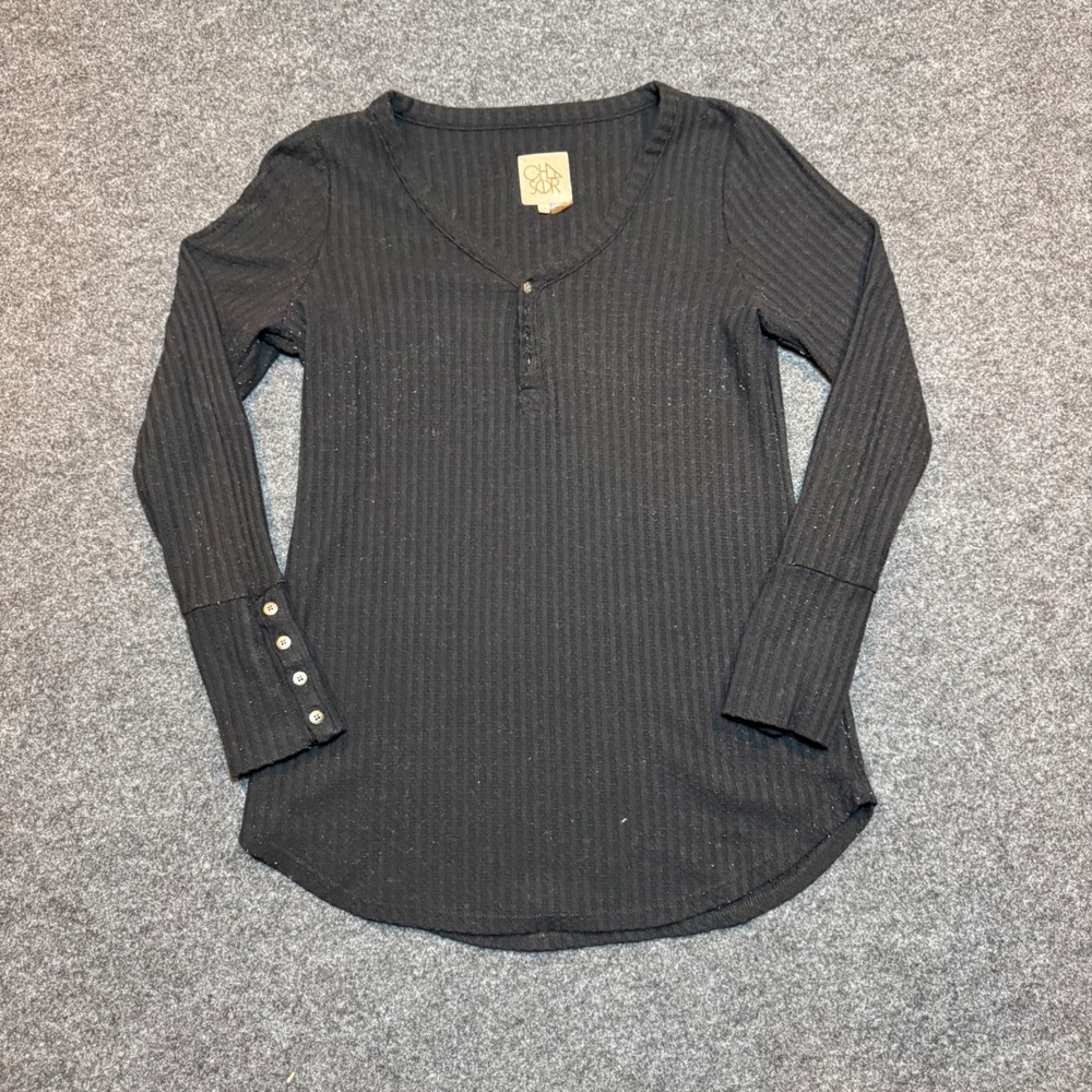 Chaser Womens Black Ribbed Henley Long Sleeve V-Neck Button Cuff Top Medium